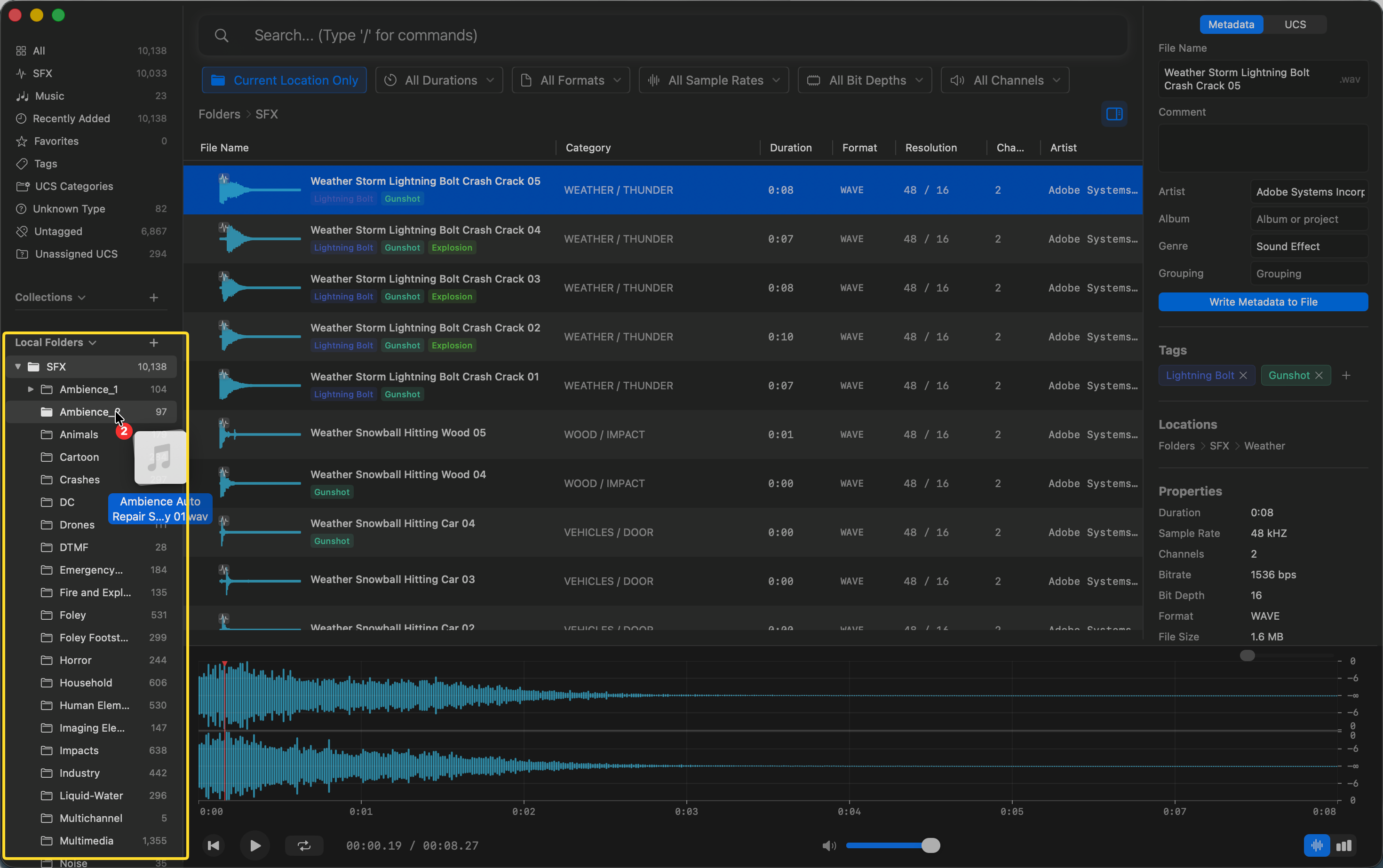 Drag and drop individual audio files into the Local Folders tree