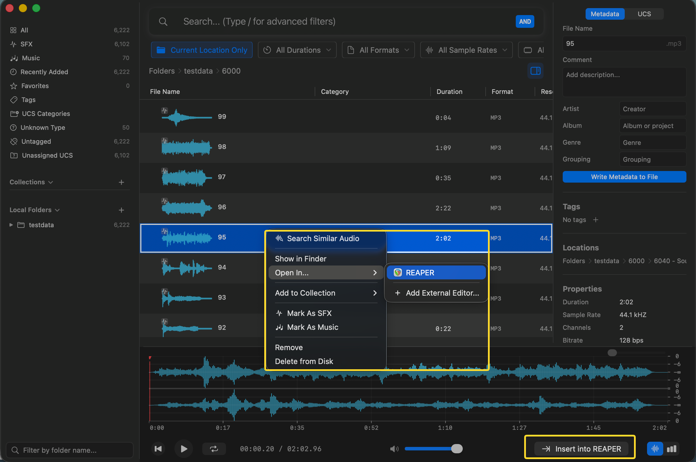 Open audio in an external editor or insert it with Insert into...